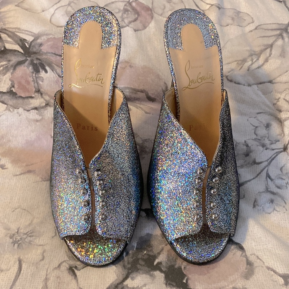 Christian Louboutin Holographic Glitter Open-Toe Mules
